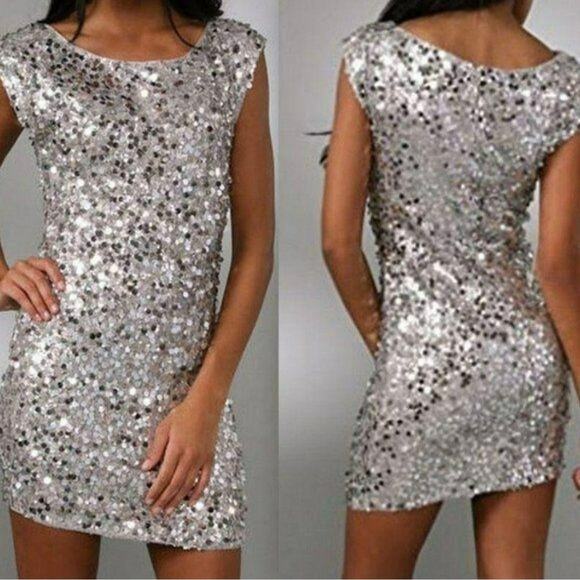 Alice + Olivia Silver Sequin Silk Mini Dress M Y2K Cocktail Party Metallic - Picture 1 of 9